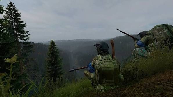 DayZ squad scouting from a hilltop