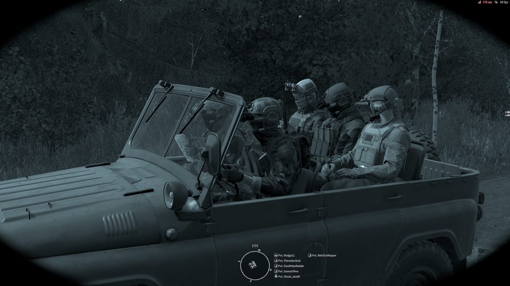 Arma Reforger night squad in a truck